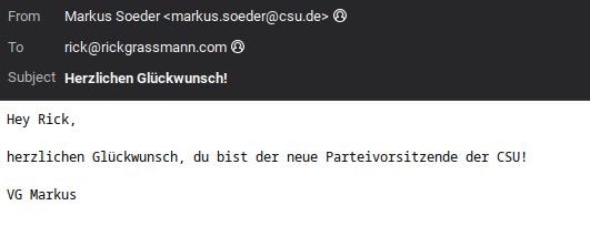 Bild einer Phishing E-Mail im Posteingang (Strato), der Absender ist scheinbar csu.de